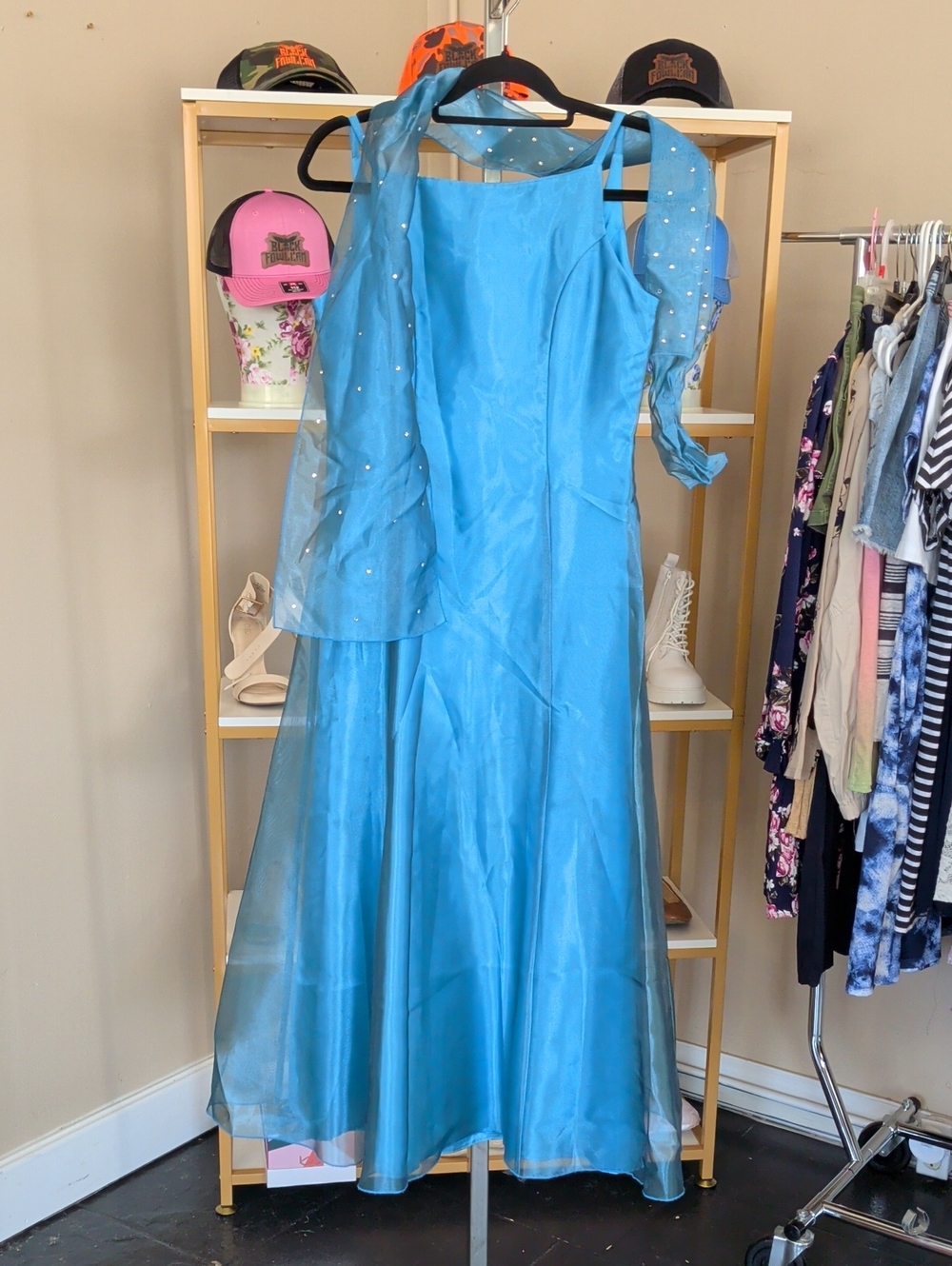 Jessica McClintock Bright Sky Blue Formal Dress with Sheer Embellished Shawl